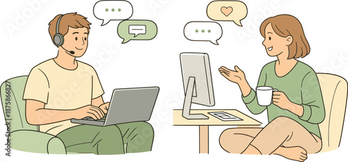 Image Generation. Man and woman chatting online together, seated comfortably and facing screens with gentle smiles and open body