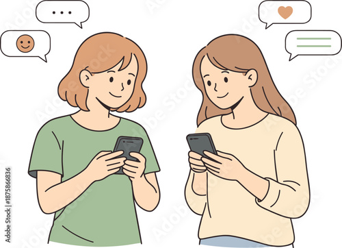 Image Generation. Friends chatting digitally through mobile messages, standing side by side and holding phones with gentle hand
