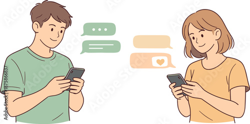 Image Generation. Friends chatting through smartphone messages, two people holding phones and smiling gently with easy body
