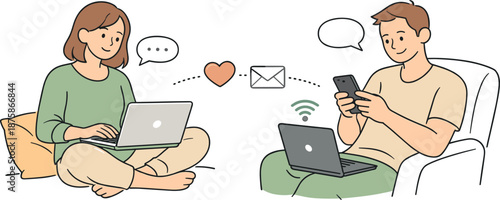 Image Generation. Individuals building online connection through digital communication, seated comfortably and facing screens with