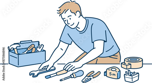 Image Generation. Man arranging tools neatly as part of home care, slight lean forward and relaxed posture capturing routine