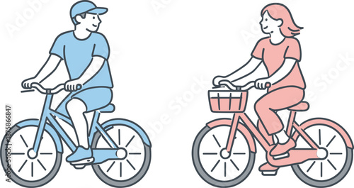 Image Generation. Couple cycles together at a relaxed speed enjoying a peaceful ride Minimalist flat line vector illustration,