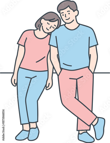 Image Generation. Couple leans gently against a wall resting after walking together calmly Minimalist flat line vector