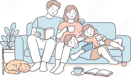 Image Generation. Family rests together enjoying a slow and calm weekend afternoon Minimalist flat line vector illustration,