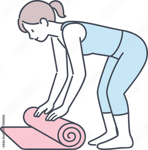 Image Generation. Woman bends slightly aligning edges while folding a yoga mat neatly Minimalist flat line vector illustration,