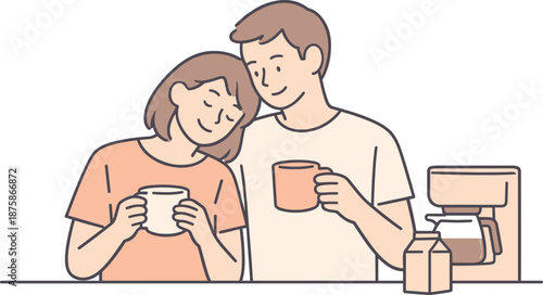 Minimalist Couple Bonding. Couple stands close enjoying a familiar daily routine without rush Minimalist flat line vector