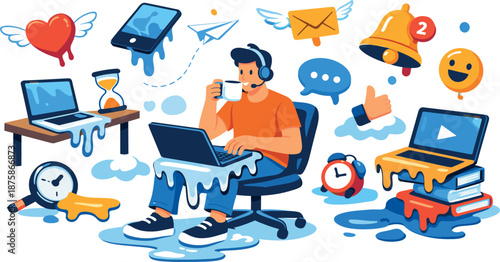 Surreal Remote Chaos. Surreal silliness vector illustration of a remote work scene with melting laptops and flying notifications,