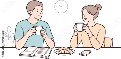Image Generation. Couple sits at a table sharing a quiet daily routine moment at home Minimalist flat line vector illustration,