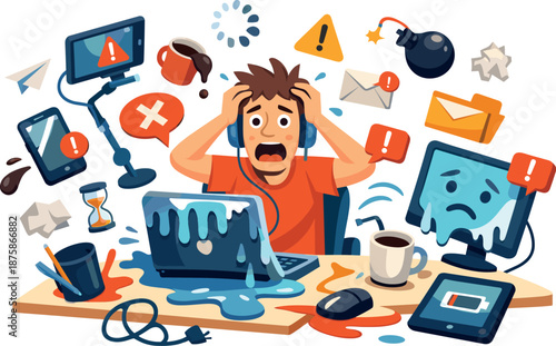 Image Generation. Digital home office chaos illustrated with playful surreal elements such as melting screens, floating alerts,