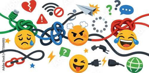 Image Generation. Abstract digital communication breakdown illustrated with knotted cables, expressive emojis, and scattered