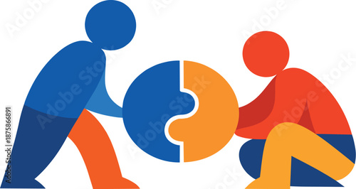 Image Generation. Stylized editorial illustration of collaborative connection forming as abstract figures move closer, geometric