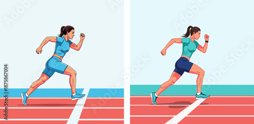 Female runner crossing finish line in teal and blue sports attire  
