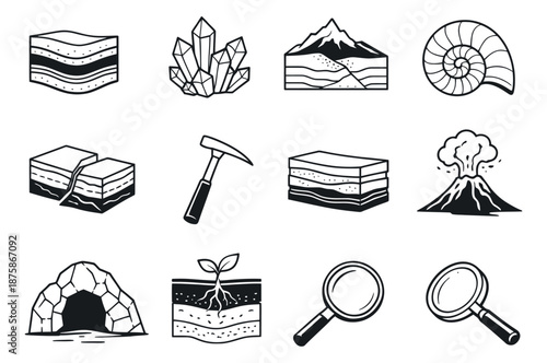 Hand drawn line art geology set featuring geological formations, crystals, volcanoes, and scientific tools for earth science education
