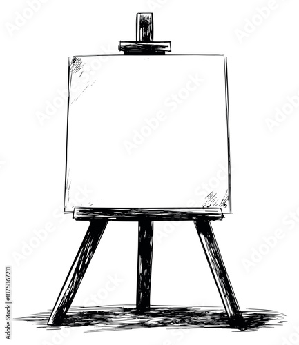 Hand drawn line art illustration of an artist's easel depicting a blank canvas for creative projects
