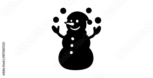 Winter snowman character juggling snowballs black silhouette icon illustration