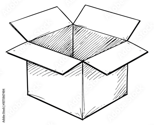 Hand drawn line art illustration of a cardboard box depicting an open and empty package for shipping and delivery