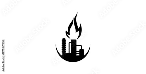 Petroleum refinery industrial facility with flame icon fuel production concept