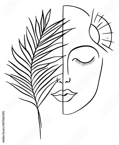 Abstract line art illustration of a woman's face depicting serenity and connection to nature for wellness and mindfulness concepts