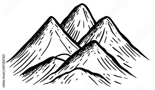 Hand drawn line art illustration of a mountain range depicting rugged natural landscape for outdoor adventure and nature exploration