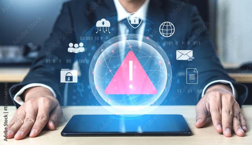 Obraz premium Red warning triangle representing a cybersecurity threat or data breach alert, surrounded by digital security and network protection icons, symbolizing cyber risk awareness Parse