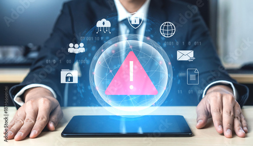 Red warning triangle representing a cybersecurity threat or data breach alert, surrounded by digital security and network protection icons, symbolizing cyber risk awareness Parse © InfiniteFlow