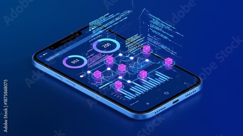 Wallpaper Mural Isometric smartphone shows digital data analytics with neon lights and circuits on blue gradient. Torontodigital.ca