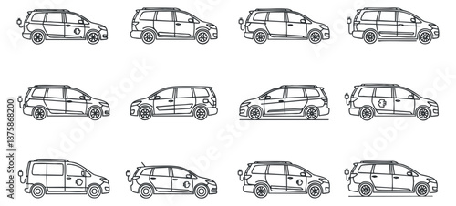 A set of outlined vehicles including vans and sedans in minimalist black and white vector style, suitable for automotive design projects