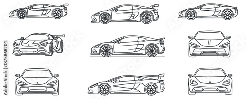 A collection of outline vector illustrations of sports cars in various angles and styles, perfect for automotive design projects
