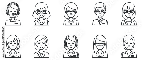 A set of ten diverse customer service avatars in line art vector style, ideal for business and support projects