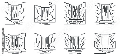 A collection of eight minimalist outline illustrations of waterfalls in various styles, suitable for nature-themed projects