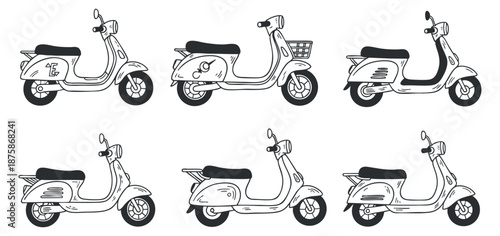 A collection of six scooters in black and white lineart style, suitable for urban transportation themes and graphic design projects