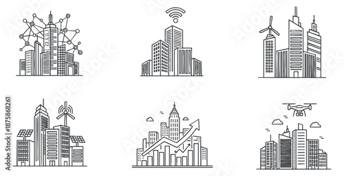 A set of urban skyline illustrations featuring buildings, technology icons, and growth elements in clean outline vector style, ideal for smart city projects and technology branding