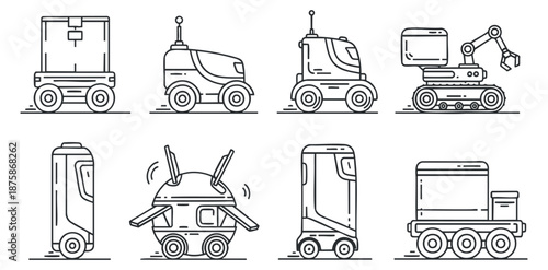 A collection of delivery and robotic vehicles in minimalist outline vector style, suitable for technology and logistics design projects