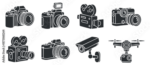 A set of various cameras including digital, vintage, and drone styles in black and white outline vector, ideal for technology and media design