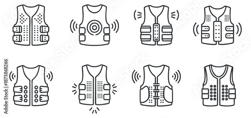 A collection of sporty vests with various designs in minimalist black and white vector style, suitable for fashion and activewear branding