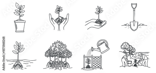 A collection of line art illustrations depicting various stages of plant growth, including potting, watering, and nurturing in minimalist vector style, ideal for gardening and environmental projects