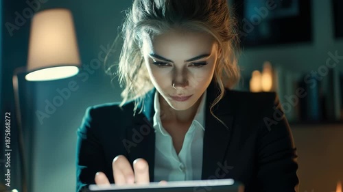 Wallpaper Mural A focused female office worker using her laptop in a dimly lit office. Torontodigital.ca