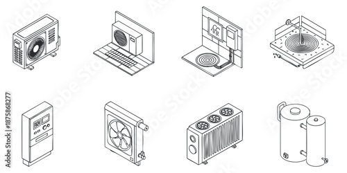 A set of air conditioning and cooling system icons in clean outline vector style, perfect for technology and engineering projects