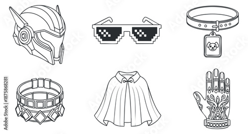 A collection of superhero accessories including a helmet, sunglasses, wristbands, and a cape in minimalist line art style, suitable for gaming and pop culture designs