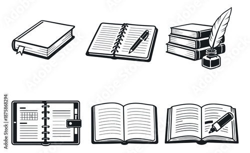 Hand drawn line art books and notebooks set featuring various stationery items for education and writing