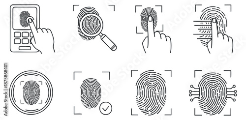 A collection of fingerprint-related icons depicting scanning, verification, and biometric authentication in clean outline vector style, ideal for technology and security projects