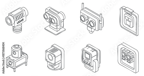 A set of LiDAR and sensor devices in clean outline vector style, suitable for technology and engineering projects