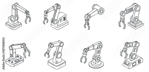 A collection of robotic arms in outline vector style, suitable for technology and engineering projects