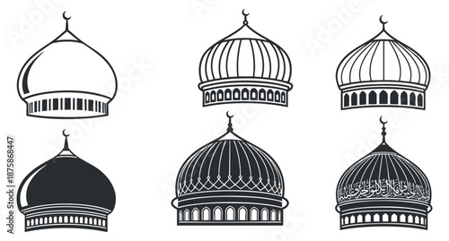 A collection of six Islamic domes in black and white outline vector style, suitable for religious and cultural designs
