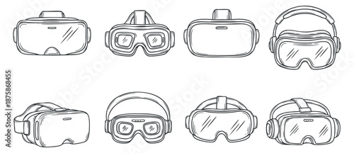 A collection of virtual reality headsets and goggles in clean outline vector style, suitable for tech and gaming projects