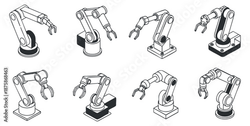 A collection of robotic arms in outline vector style, suitable for technology and engineering designs