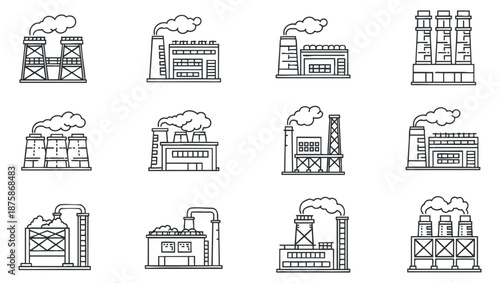 A collection of industrial factory illustrations in clean outline vector style, suitable for technology and business presentations