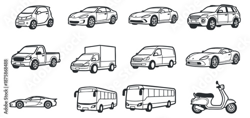 A collection of various vehicles including cars, trucks, buses, and scooters in outline black and white vector style, perfect for transportation graphics