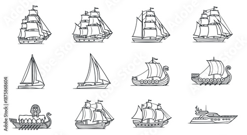 A collection of various ship illustrations in black and white outline vector style, suitable for maritime-themed projects