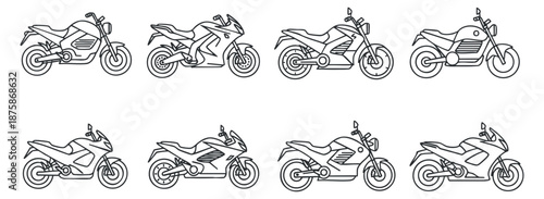 A collection of eight different motorcycle designs in minimalist vector outline style, suitable for automotive branding and graphic design projects